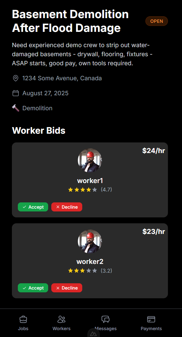 Crowbar temporary construction workers labor app screenshot showing job listings and worker profiles